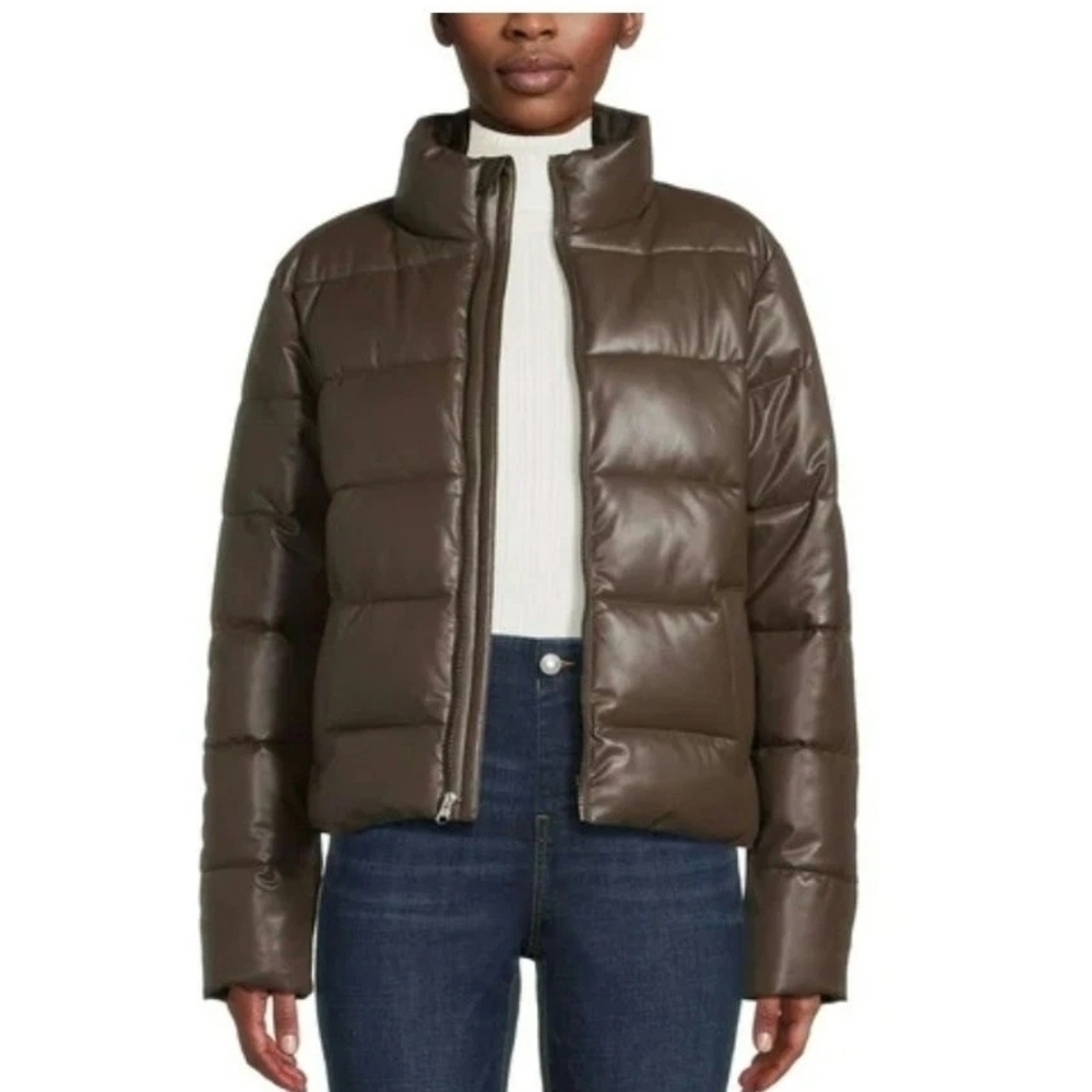 Women's Brown Puffer Jacket Time and Tru Womens Faux Leather Size S Full Zip